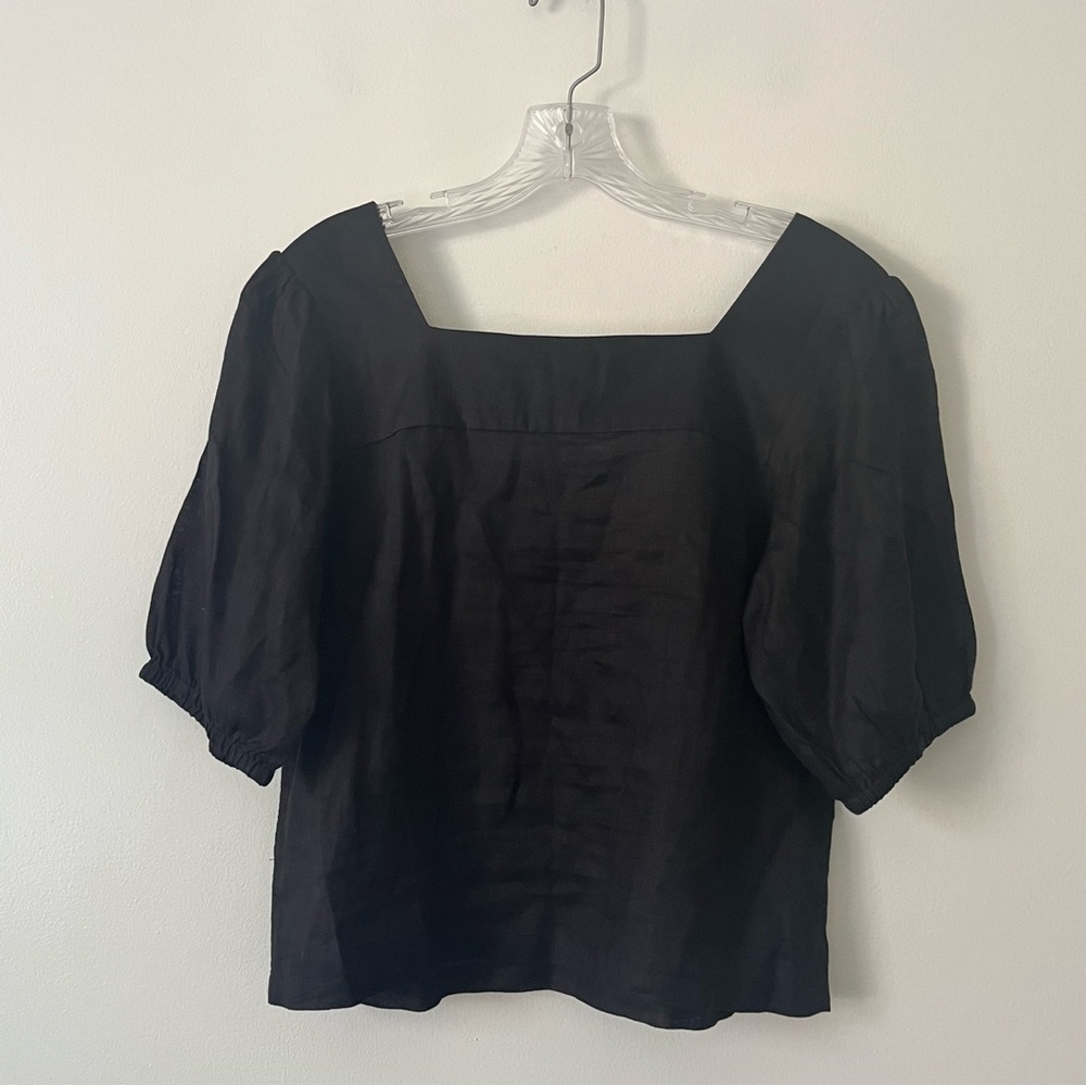 NEW Garnet Hill 100% Linen Black Square Neck Short Sleeve Top 10 Lightweight - Picture 3 of 8